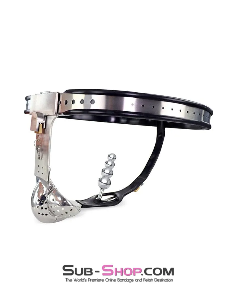 0446DL  Steel Lockdown Chastity Belt with Dual-Lock Cock Shield & Anal Intruder Plug