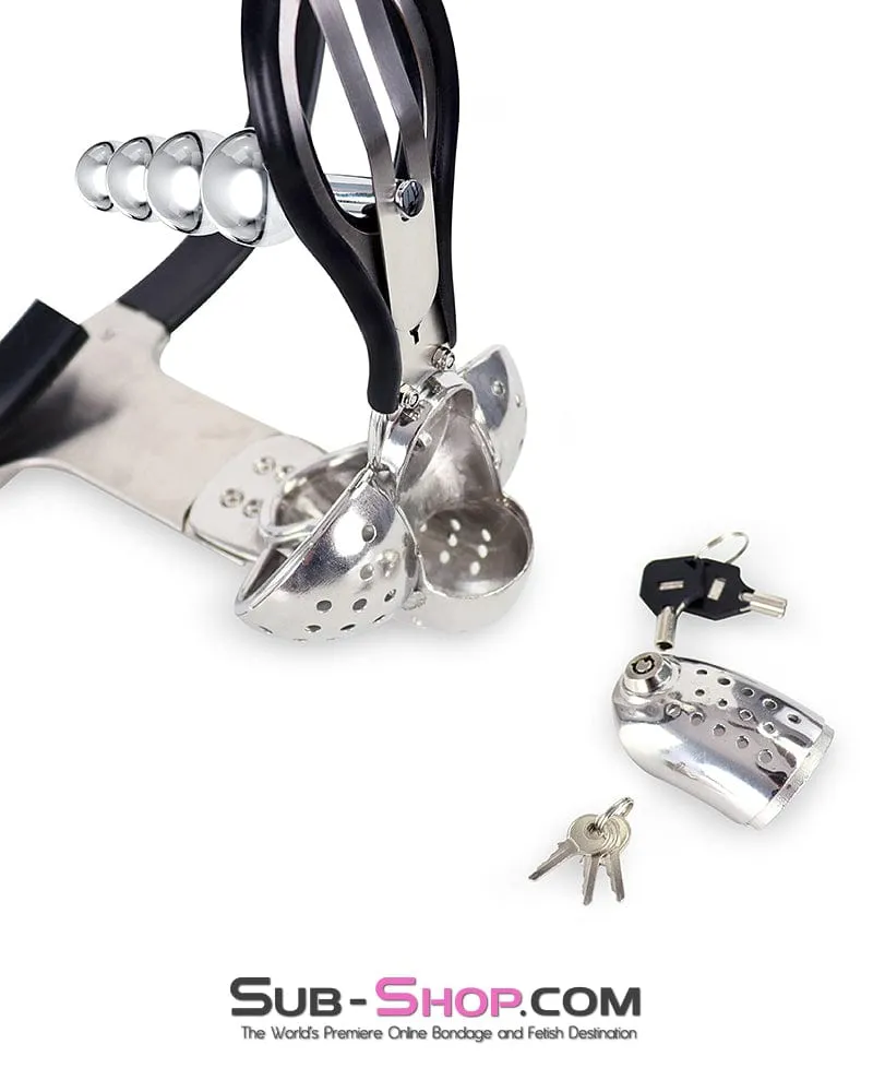 0446DL  Steel Lockdown Chastity Belt with Dual-Lock Cock Shield & Anal Intruder Plug