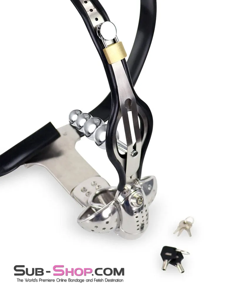 0446DL  Steel Lockdown Chastity Belt with Dual-Lock Cock Shield & Anal Intruder Plug