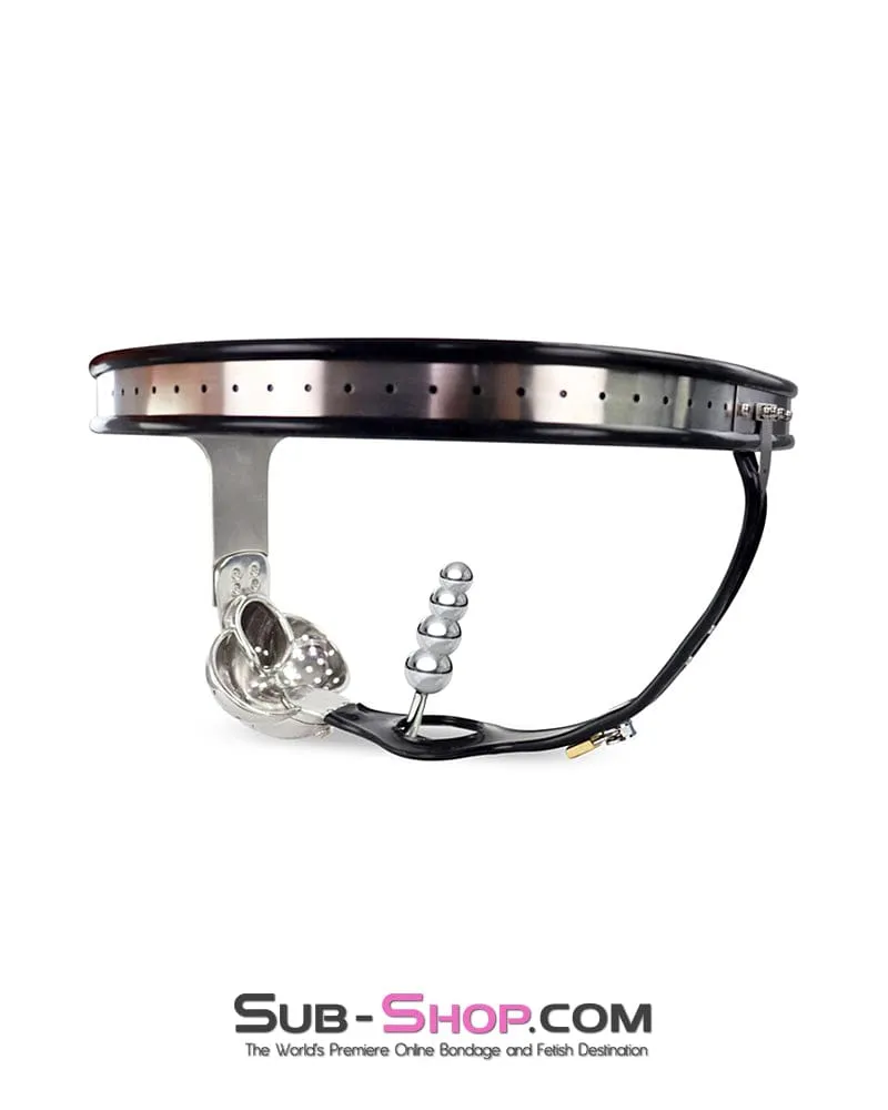 0446DL  Steel Lockdown Chastity Belt with Dual-Lock Cock Shield & Anal Intruder Plug