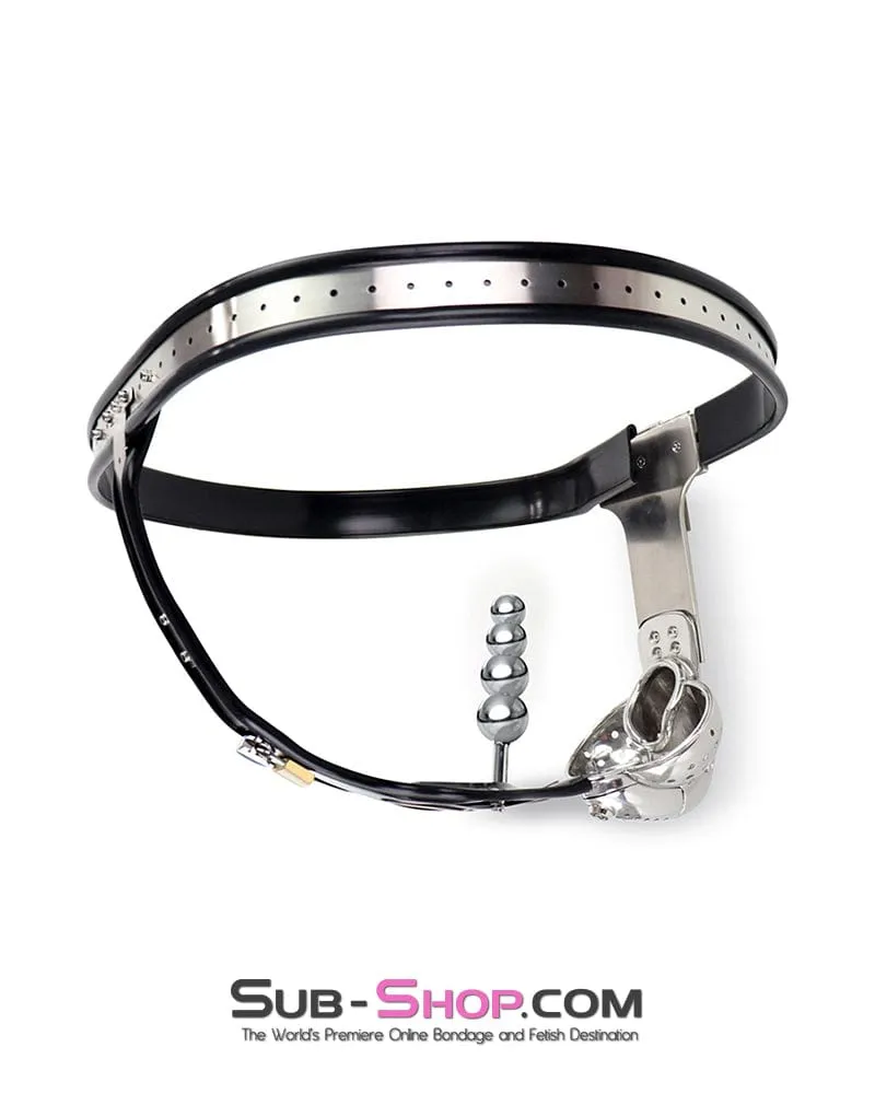 0446DL  Steel Lockdown Chastity Belt with Dual-Lock Cock Shield & Anal Intruder Plug