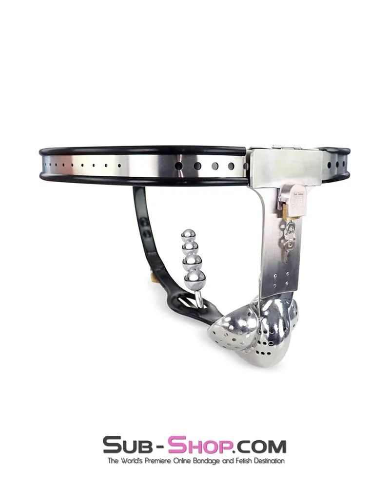 0446DL  Steel Lockdown Chastity Belt with Dual-Lock Cock Shield & Anal Intruder Plug