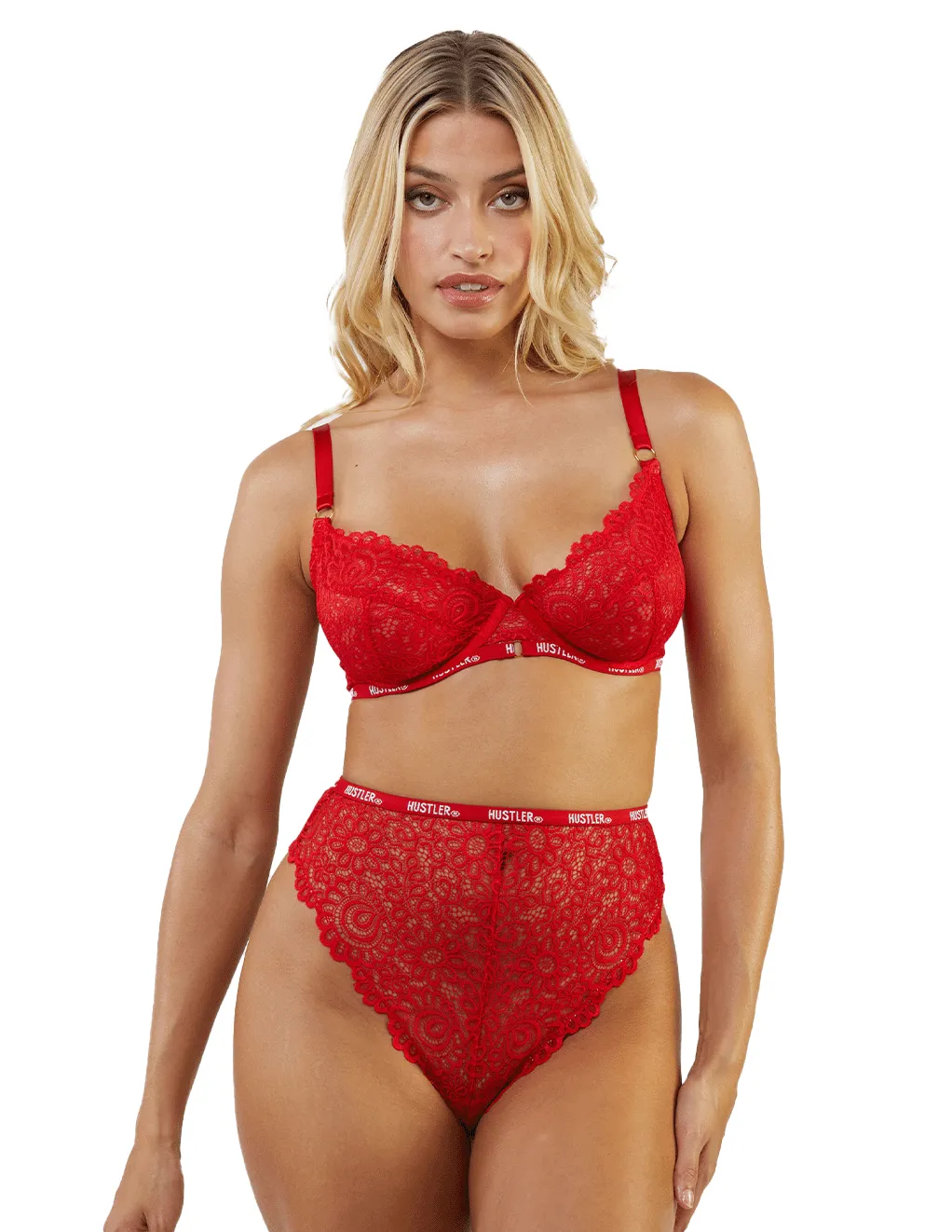 HUSTLER Slim Logo Lace High Waist Thong Red