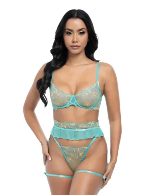 Krislyn Underwire Embroidered Bra & Ruffle Garter Stay & G-String Set