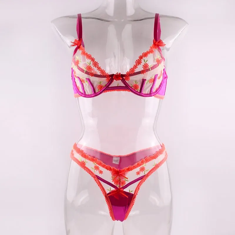 Love Me Pink Floral Embroidery Lingerie Set