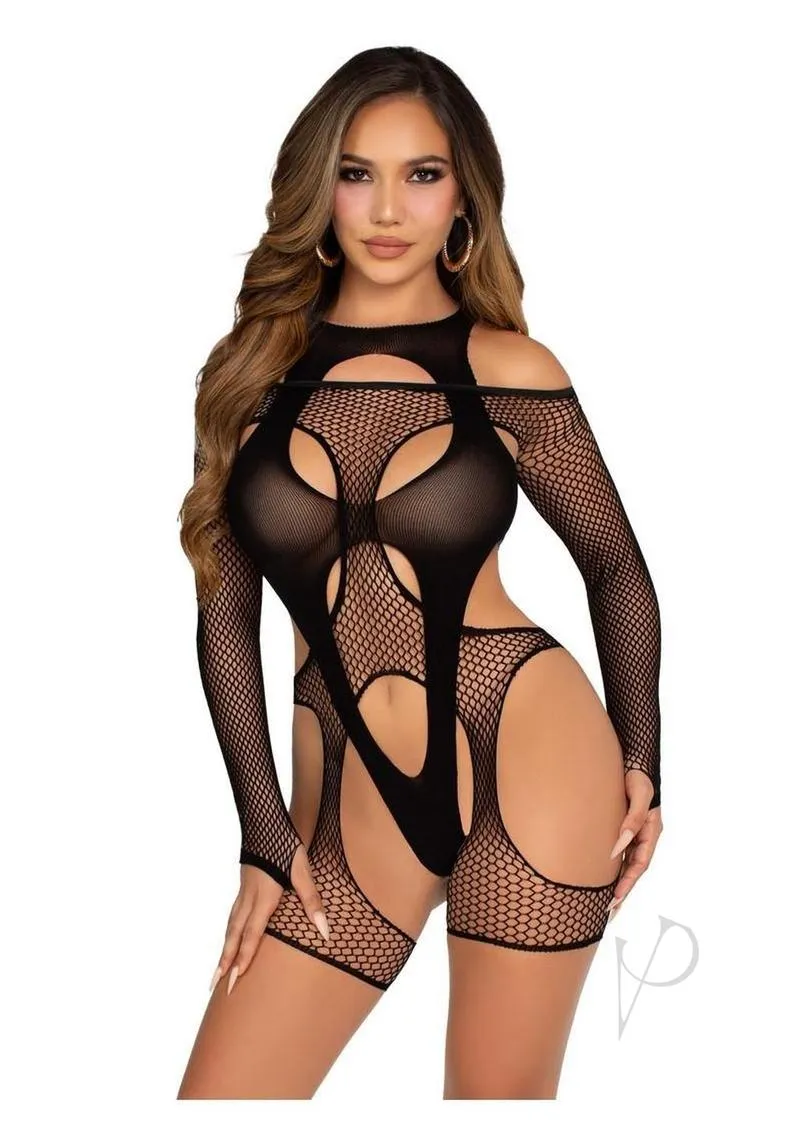 Off Shoulder Net Garter Teddy 2pc Blk Os