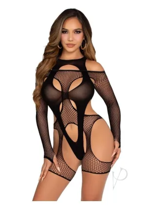 Off Shoulder Net Garter Teddy 2pc Blk Os