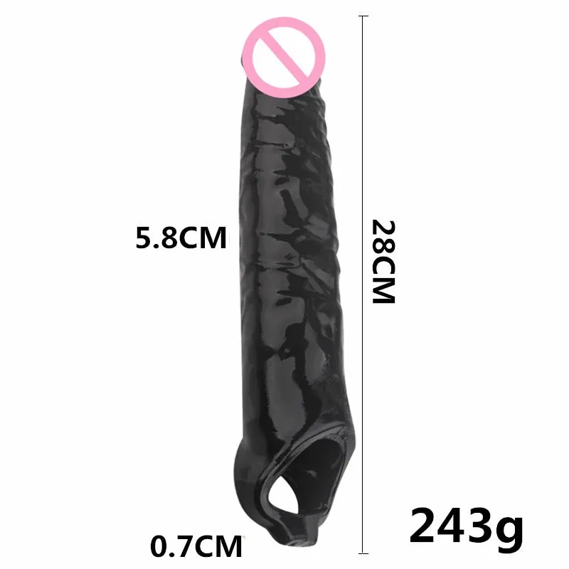 Realistic Black Dildo Cock Sleeve - Big Penis Eextender Silicone Strectchy Sex Toys for Men