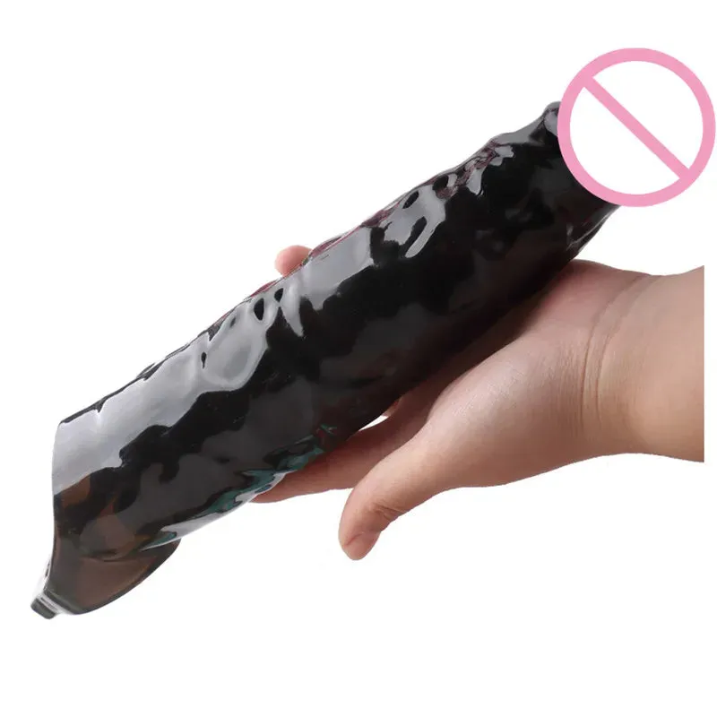Realistic Black Dildo Cock Sleeve - Big Penis Eextender Silicone Strectchy Sex Toys for Men
