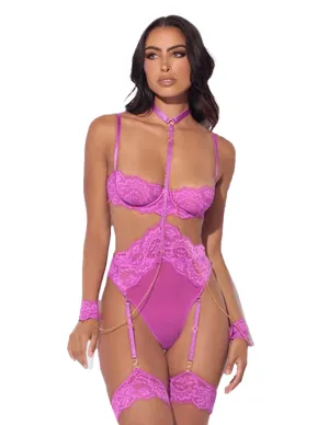 Reanna Lace Chain Teddy w. Collar and Cuffs