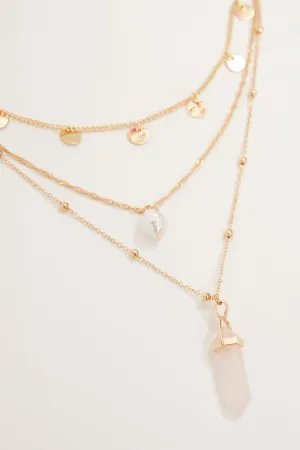 Rose Quartz Pendant Layered Chain Necklace